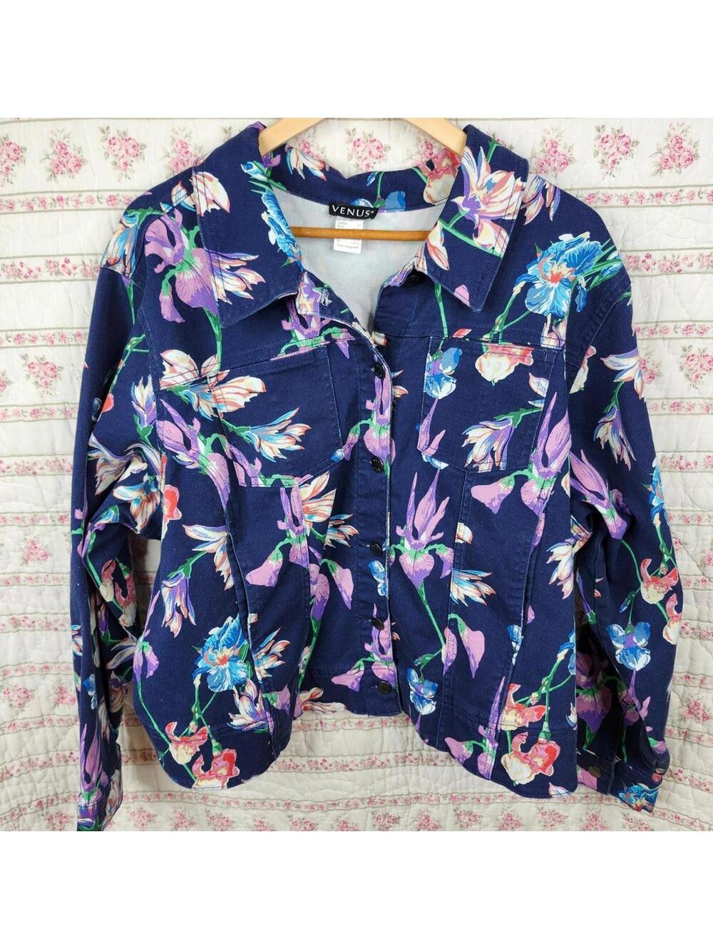 Venus Floral Denim Jacket 3X Plus Size Blue Purple Flowers Jean Coat
